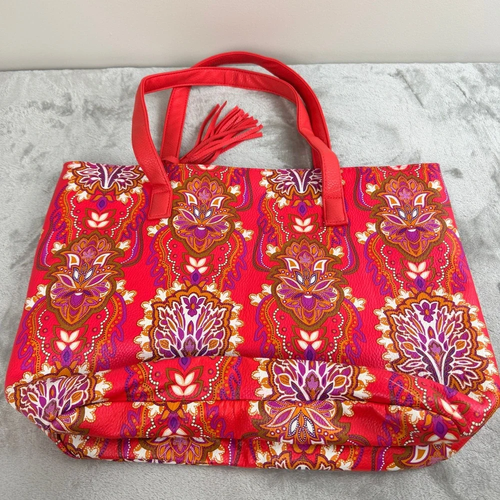 Vibrant Red Paisley Faux Leather Tote Bag with‎ Tassel Accent Large Shoulder Bag